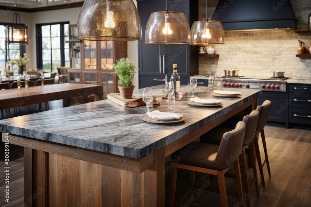 Modern kitchen island with dark marble countertop and wood base