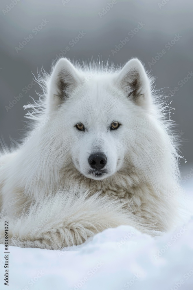 A majestic white wolf with yellow eyes is lying in the snow
