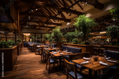 Elegant restaurant interior with wooden beams and lush greenery