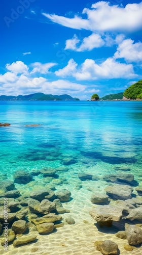 Amazing crystal clear blue ocean water with rocks and green island