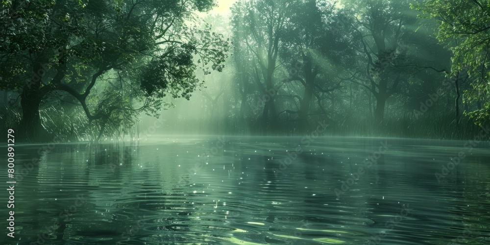 Misty green lake in the morning