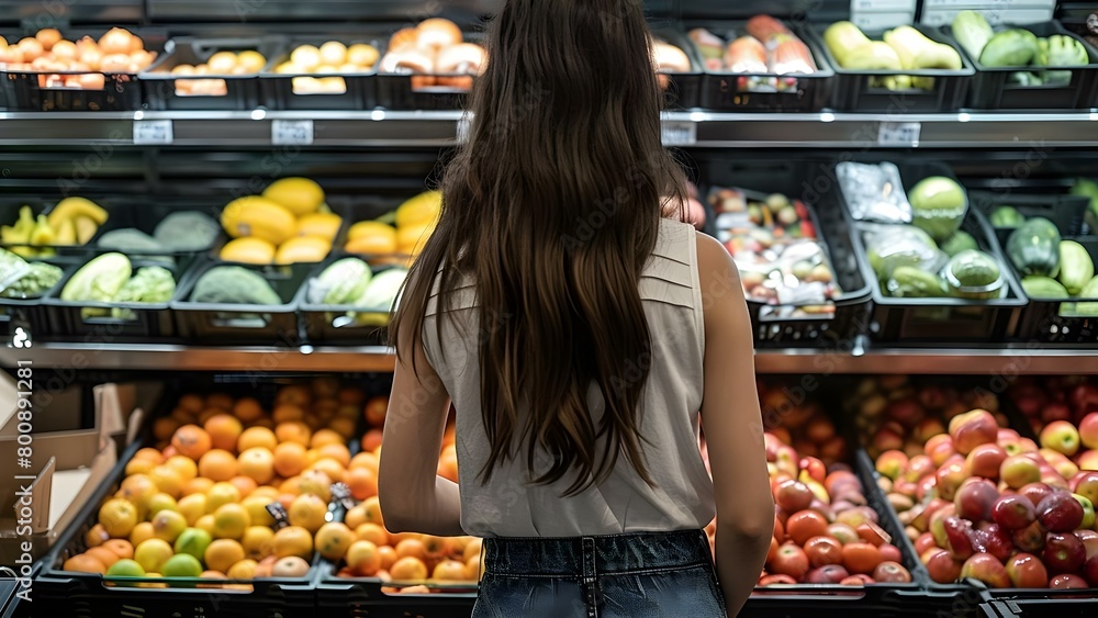 Woman choosing fresh produce in a grocery store. Concept Grocery Shopping, Fresh Produce, Healthy Lifestyle, Food Choices, Retail Experience