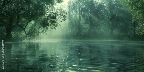 Misty green lake in the morning