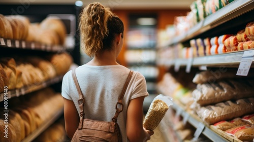 Young woman with brown hair in a ponytail shopping in the supermarket