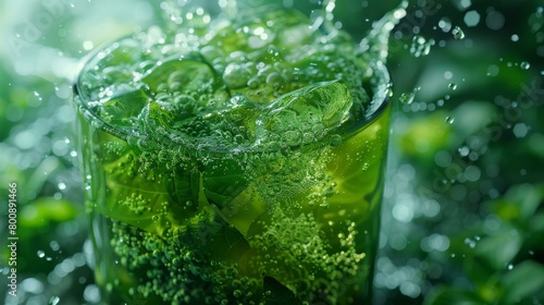 Green colored carbonated beverage with ice cubes and mint leaves