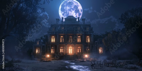A large haunted house with a full moon in the background photo