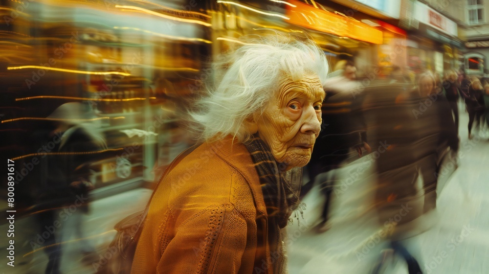 Obraz premium Memories in Motion: Passing scenes trigger memories of happier times for the old woman, tinged with sadness.