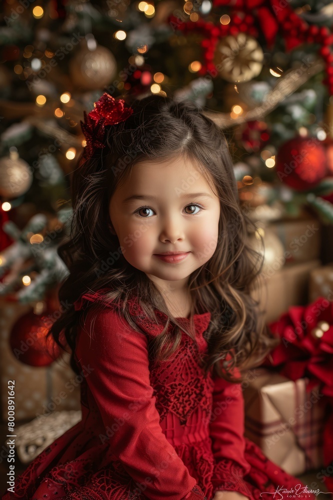Little Girl in Red Dress Sitting by Christmas Tree