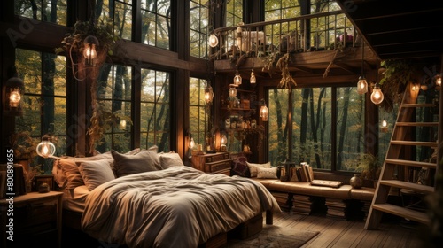 A cozy bedroom in a treehouse with a view of the forest