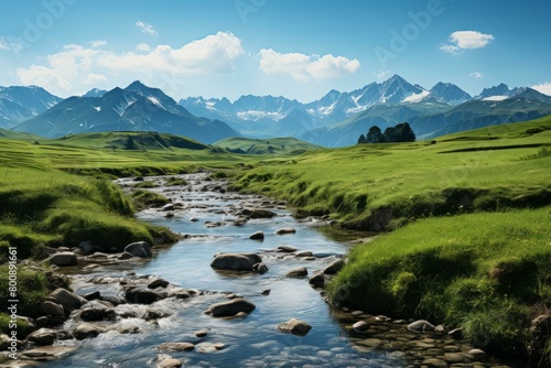 Alpine valley landscape with river and mountains in the background