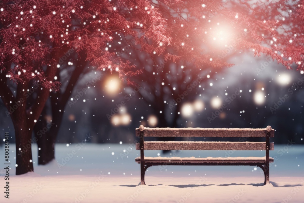Snowy park bench under bare red trees and falling snow