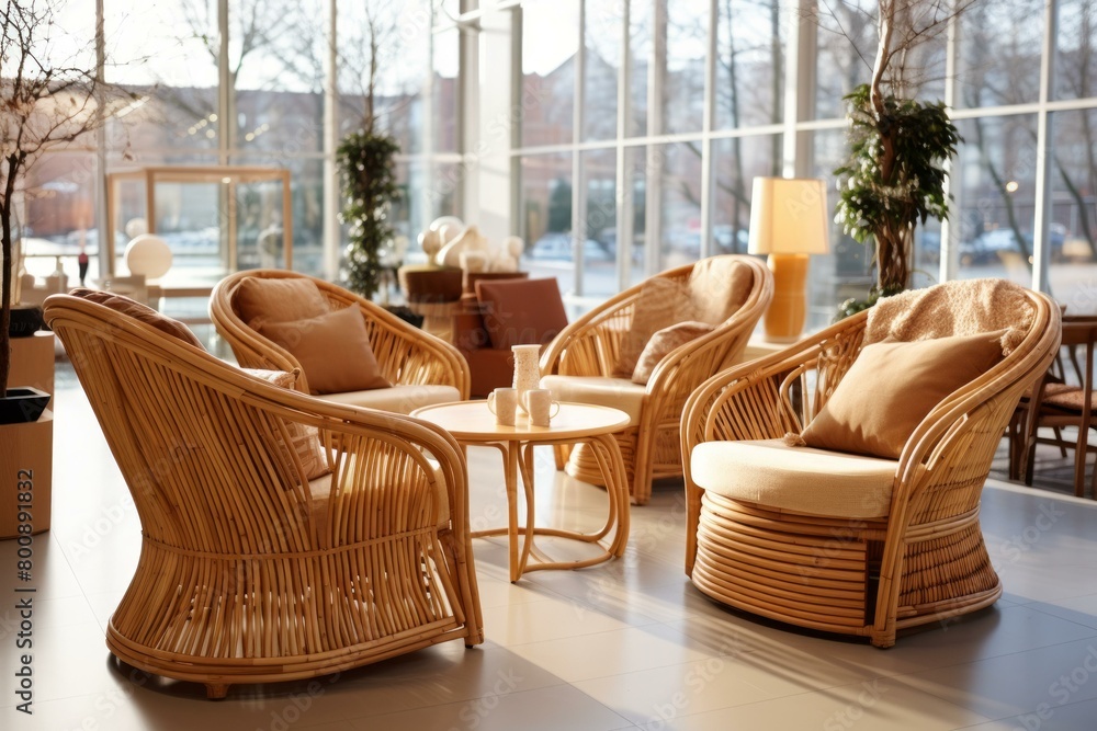 Four vintage style wicker chairs and a round table in a room with large windows