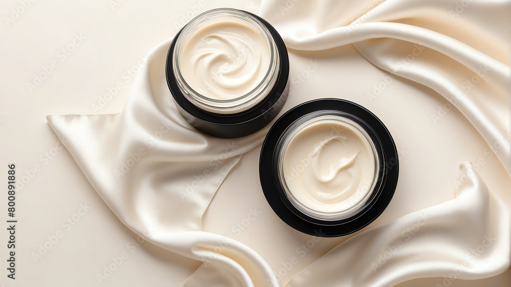 black silk satin fabric background with cream lotion on container jar pot for skincare ad beauty product concept from Generative AI black silk satin fabric background with cream lotion on container jar pot for skincare ad beauty product concept from Generative AI