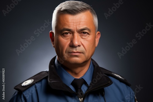 A police officer with gray hair and a serious expression on his face