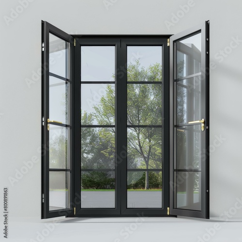 Black French Doors Open to a Leafy Garden © Adobe Contributor