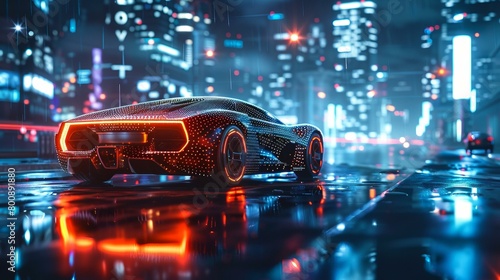 futuristic car in city street with neon lights at night