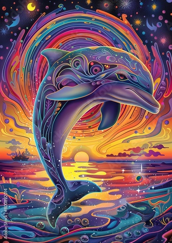 Psychedelic Dolphin Ballet  Dreamlike Swirls   Sunset Colors