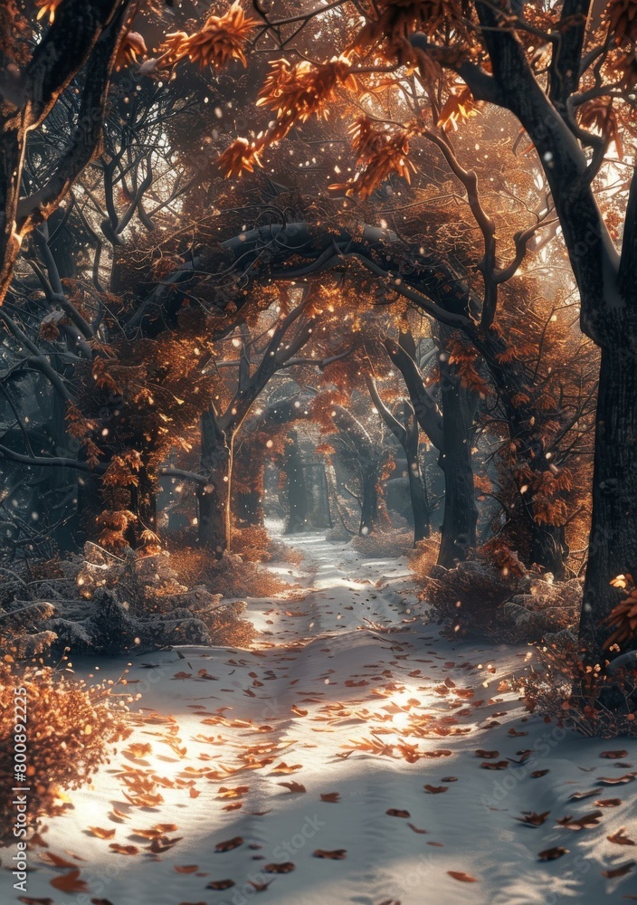 A beautiful snowy forest path in the autumn