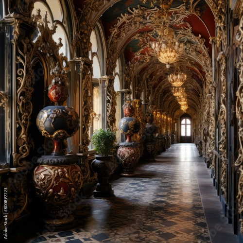 ornate hallway with marble floor and gold decorations