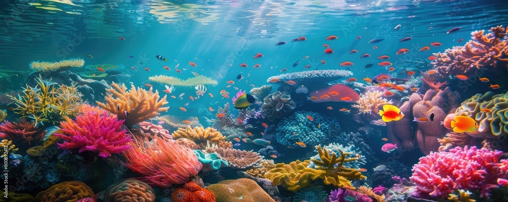 An underwater landscape showcasing a coral reef bathing in sunbeams penetrating the ocean's surface. copy space for text.