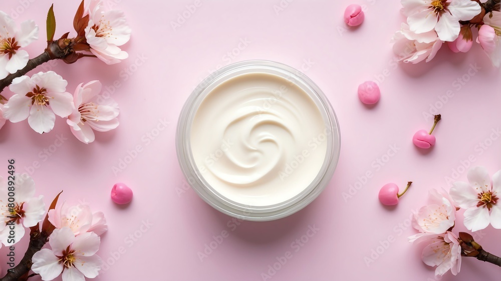 cherry blossoms background with cream lotion on container jar pot for skincare ad beauty product concept from Generative AI cherry blossoms background with cream lotion on container jar pot for skincare ad beauty product concept from Generative AI