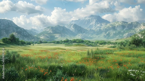 Field of red flowers with mountains in the distance photo