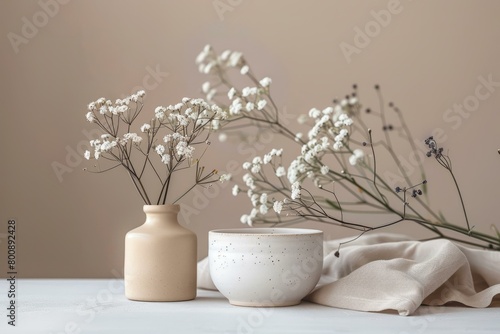 Dried flowers in a vase and bowl with linen cloth