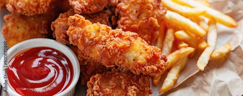 fried chicken tenders, accompanied by fries and ketchup.