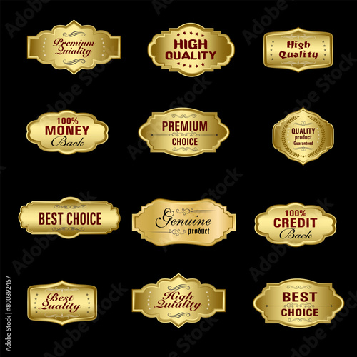 Set of Quality Badges and Labels Design Elements. Golden badge labels and laurel retro vintage collection. Emblem premium luxury logo in retro style arrows frames vector template badges collection.