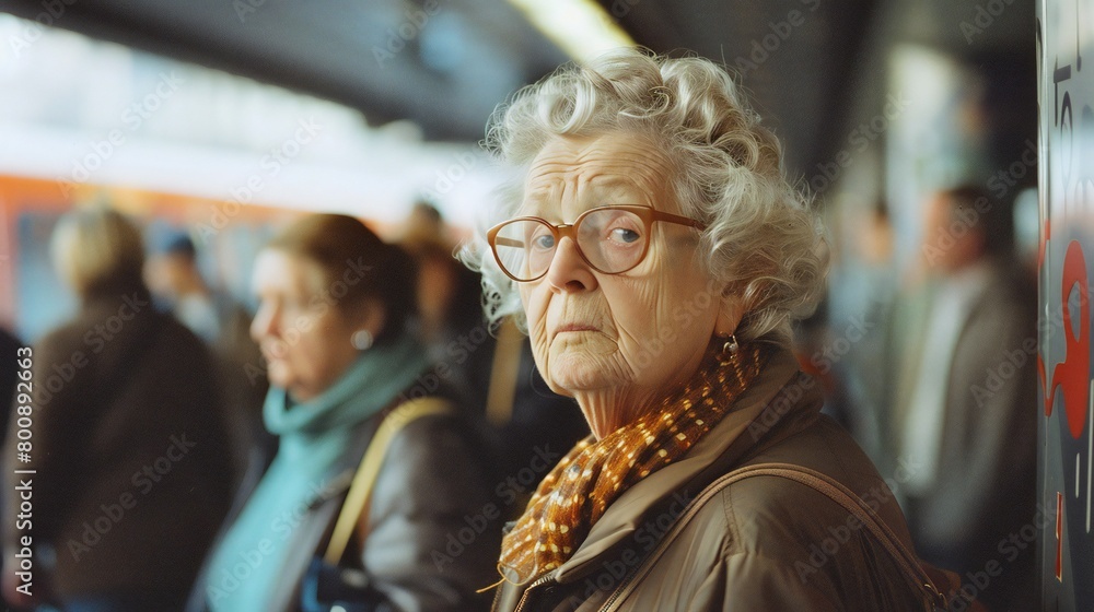 Obraz premium Seeking Connection: Amongst fellow commuters, the old woman silently yearns for understanding.