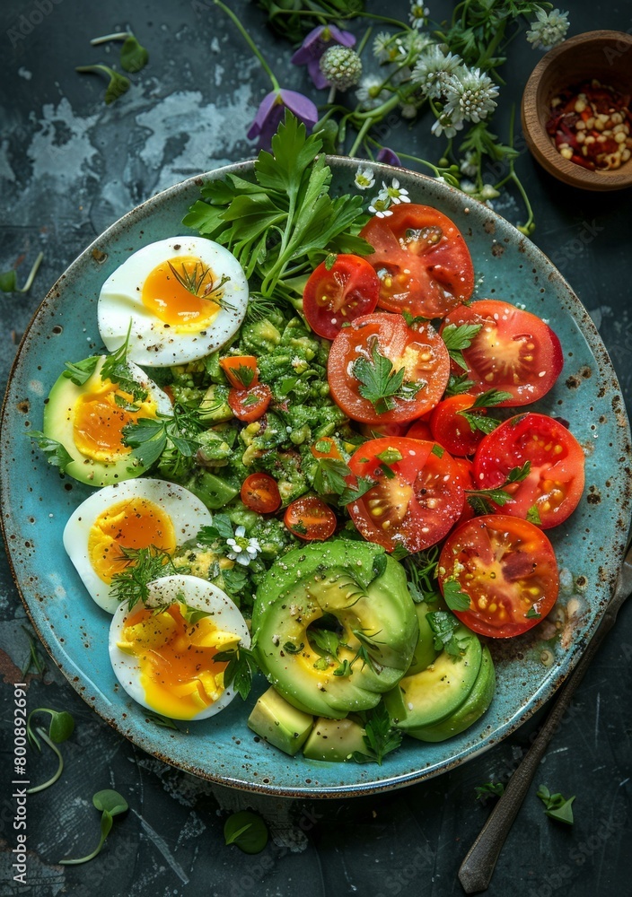 Healthy avocado and egg salad with cherry tomatoes