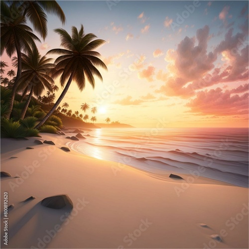 view of the beach with white sand and calm waves  there is a sunset and coconut trees
