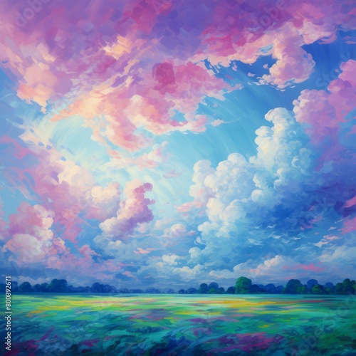 A beautiful painting of a colorful sky over a green field