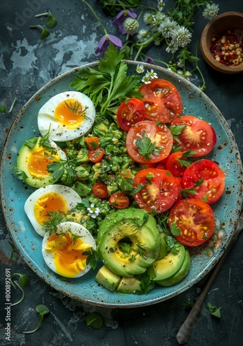 Healthy avocado and egg salad with cherry tomatoes