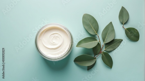 eucalyptus leaves background with cream lotion on container jar pot for skincare ad beauty product concept from Generative AI