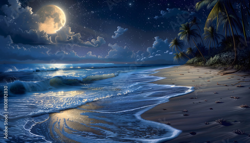 Full moon and starry beach landscpe photo