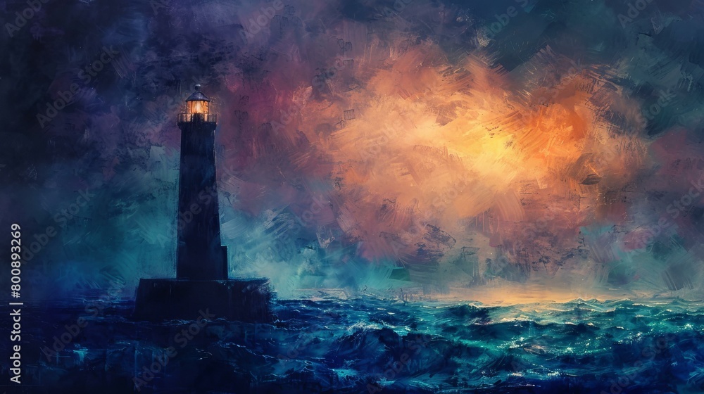 Painting of a lighthouse in a stormy sea Painting of a lighthouse in a stormy sea
