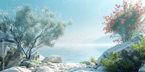 Rocky beach with white tree and pink flowers photo