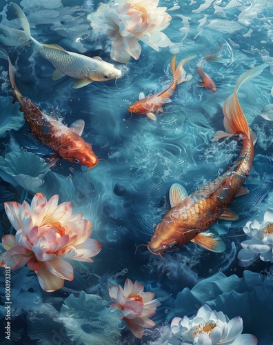 Colorfulé”¦é²¤é±¼swimming in a pond with beautiful lotuses © Adobe Contributor