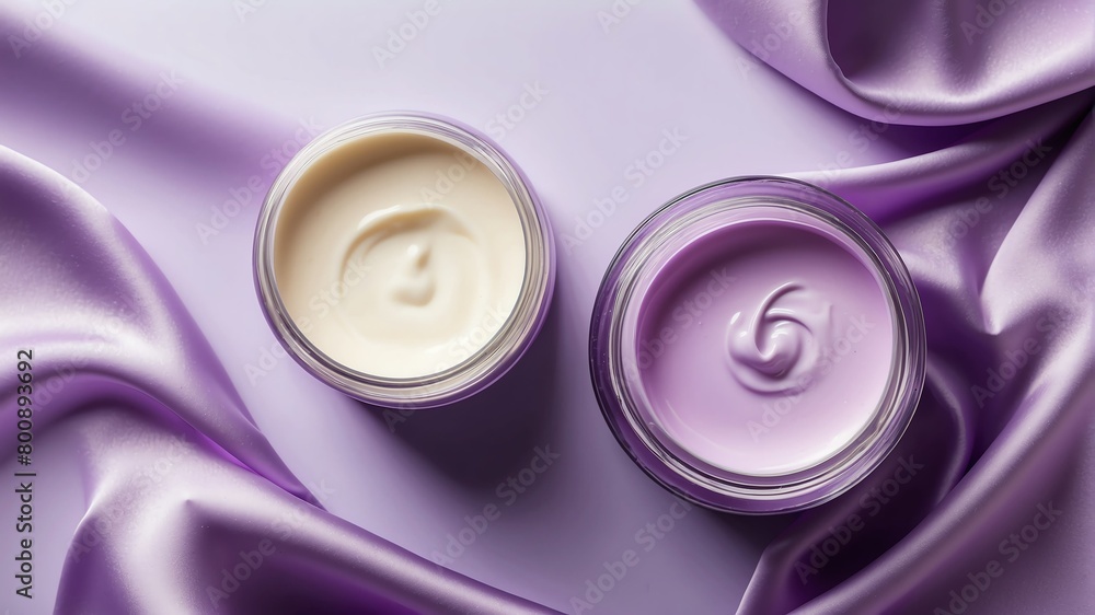 purple silk satin fabric background with cream lotion on container jar pot for skincare ad beauty product concept from Generative AI purple silk satin fabric background with cream lotion on container jar pot for skincare ad beauty product concept from Generative AI