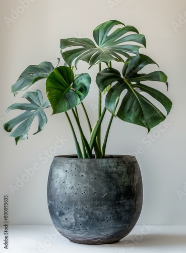 A potted Monstera deliciosa plant with dark green leaves and fenestrations photo