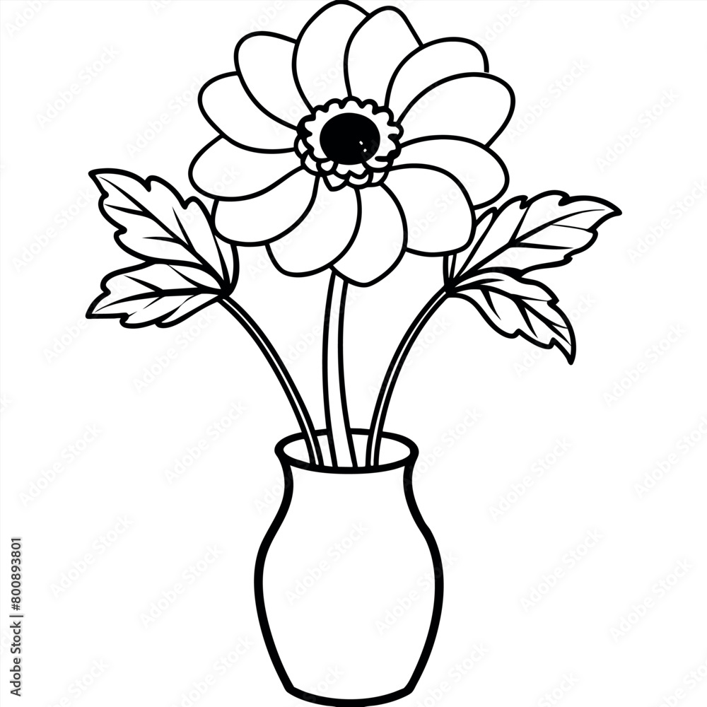 Obraz premium Anemone flower on the vase outline illustration coloring book page design, Anemone flower on the vase black and white line art drawing coloring book pages for children and adults
