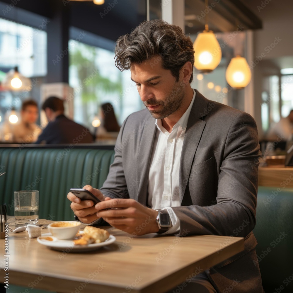 Businessman in suit using smartphone in restaurant Businessman in suit using smartphone in restaurant