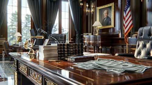 A nice wooden executive desk with congressional bills photo