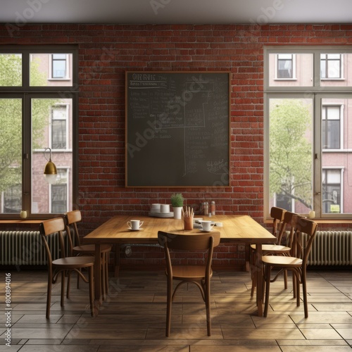 Retro Cafe Interior Design With Brick Wall And Wooden Furniture