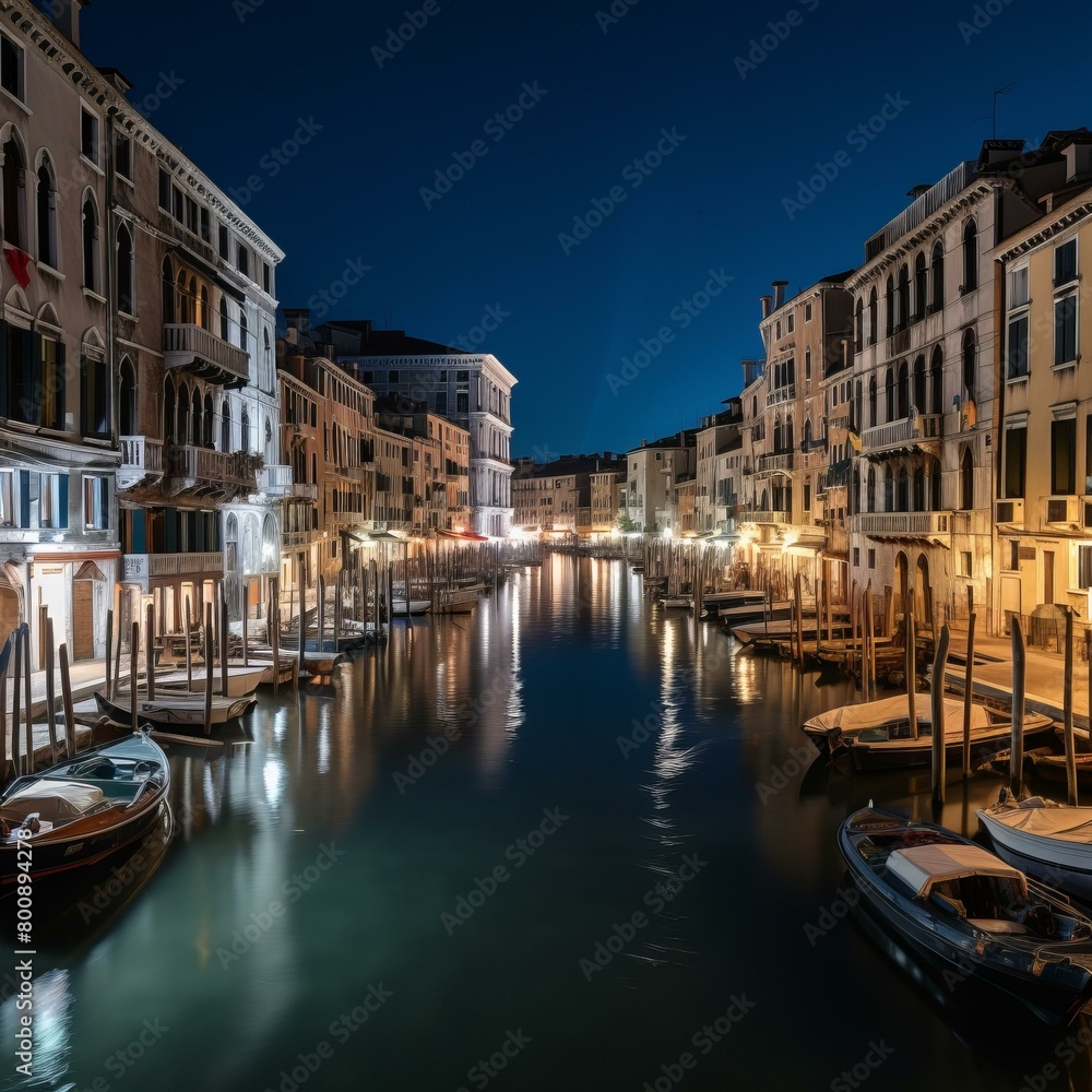 A view of the Grand Canal in Venice, Italy, at night