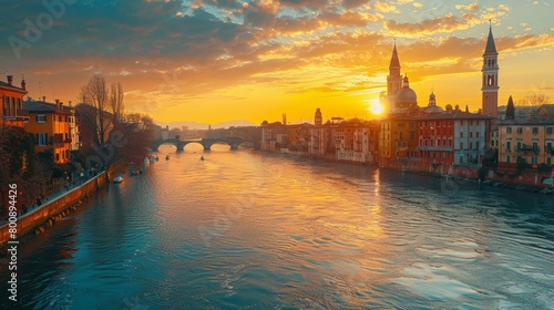 Verona cityscape at sunset over the Adige river in Italy photo