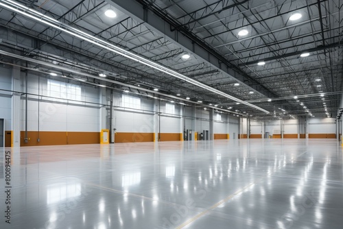 An empty warehouse with a shiny floor