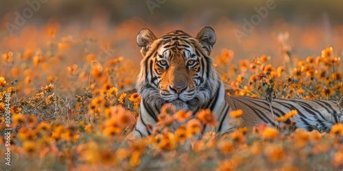 Tiger in a field of flowers photo