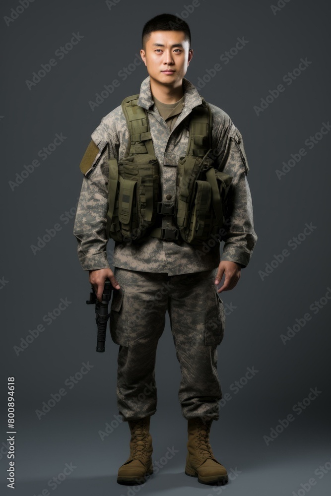 Studio portrait of an Asian soldier in full combat gear